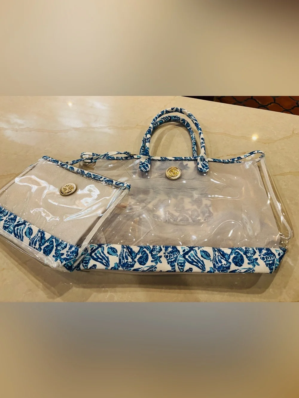 Lilly Pulitzer Clear Tote with Blue Shell-Print Trim